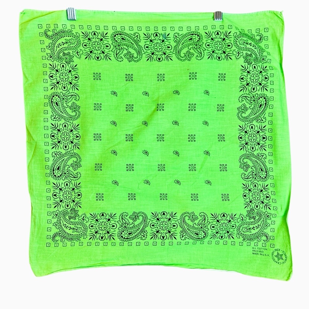 Vintage Neon Green Paisley Bandana 100% Cotton RN 13960 Mandala Print Scarf
